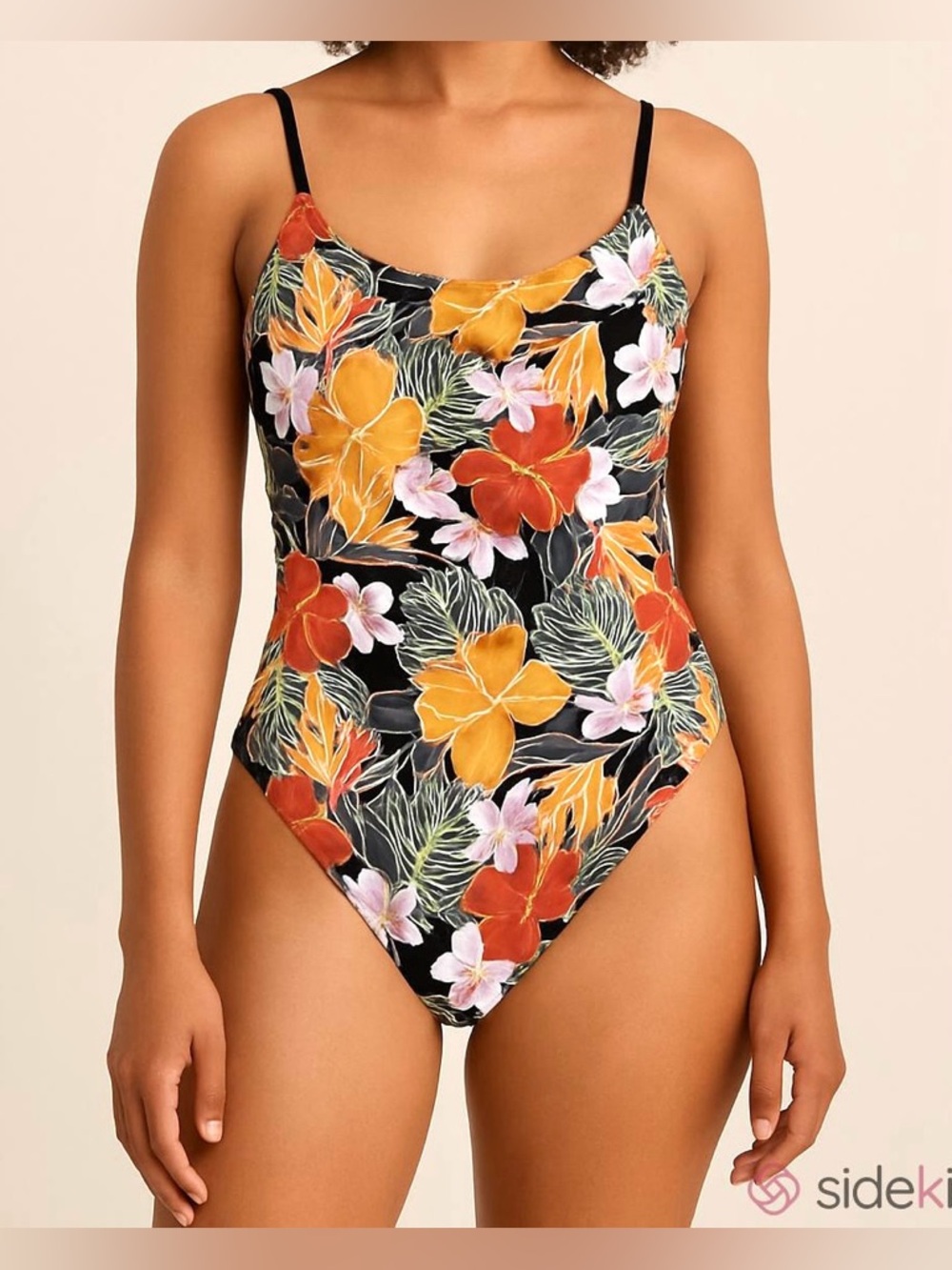 Hurley Black Orange Floral Tropical Print SZ M UPF 50+ One Piece Bathing Suit